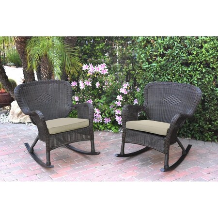 Jeco W00215-R-2-FS006 Windsor Espresso Resin Wicker Rocker Chair with Tan Cushion, 2PK W00215-R_2-FS006